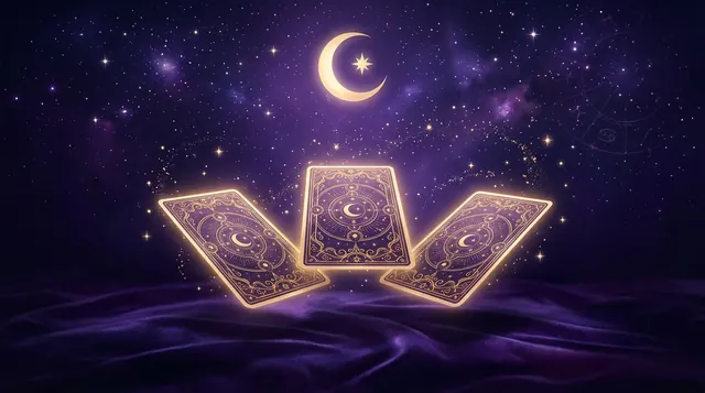 Gece gökyüzünde parlayan üç tarot kartı ve hilal