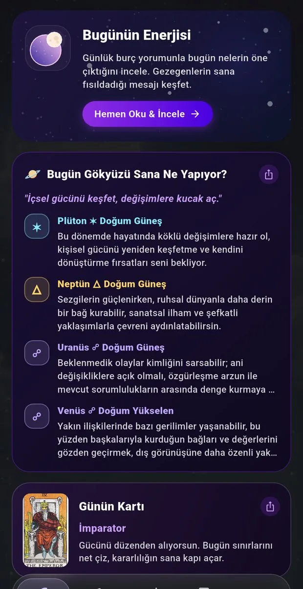 Aluna ana ekran, günün kartı ve transitler
